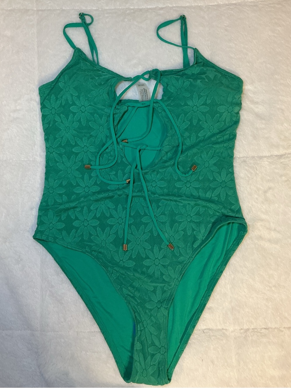 Green Floral Lace Tie-Front one piece bathing suit with skirt - Picture 2 of 11